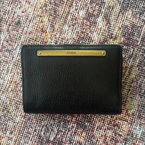 Fossil Black Leather Wallet with Gold Accent